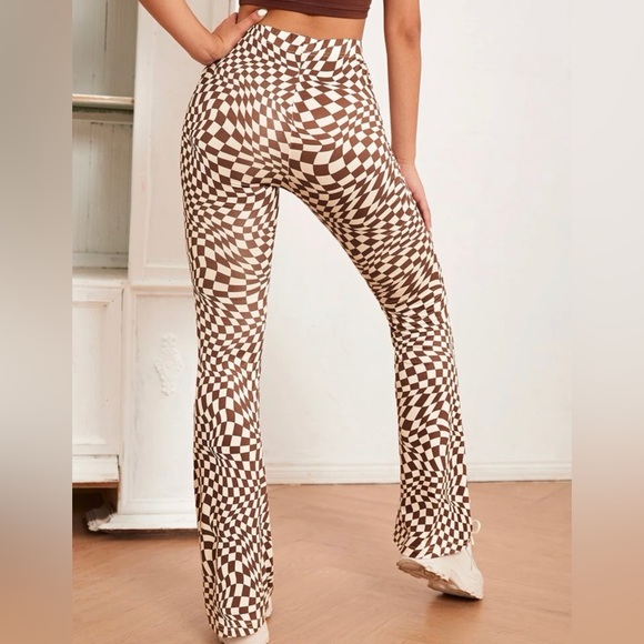 Checkered Brown Beige Checker Pants Leggings Flare S Small Soft Stretchy y2k - Picture 2 of 2